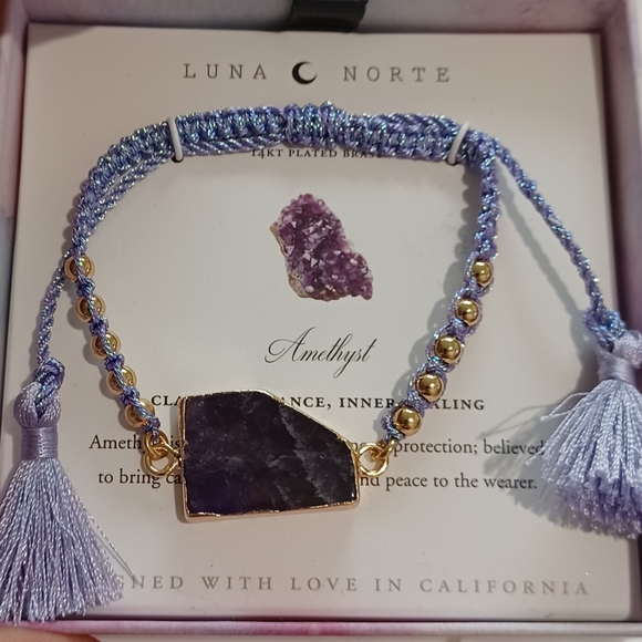 LUNA NORTE NATURAL AMETHYST GEMSTONES W/ TASSELS ADJUSTABLE STRING BRACELET - Picture 1 of 10